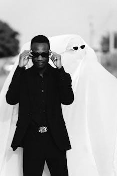 A man in a black suit stands confidently with a ghostly figure in a costume.