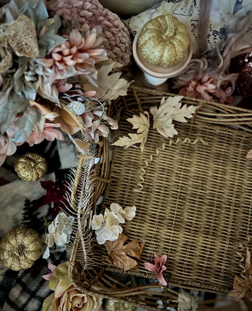 Autumn Still Life with Golden Painted Pumpkins and Wicker Basket