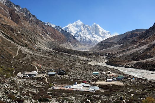 A breathtaking view of the Himalayas featuring snow-capped peaks and mountain camps in a serene valley.
