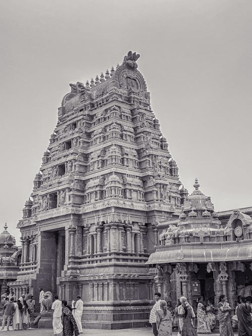 Black and white photo of a majestic temple, showcasing its architectural grandeur. BC