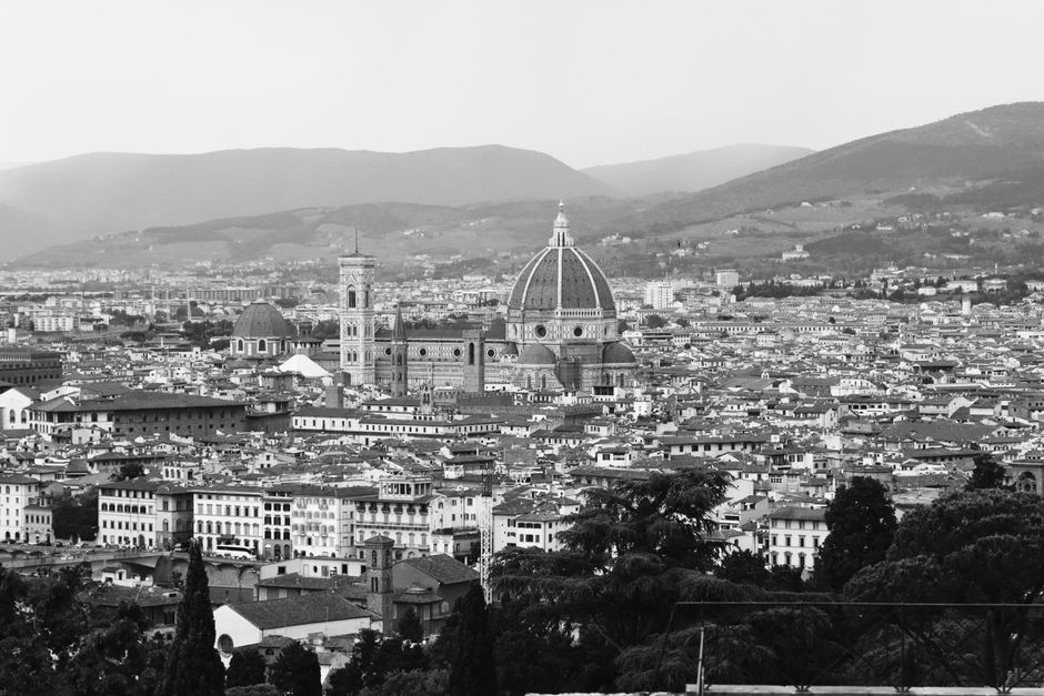 Captivating aerial view of Florence, Italy featuring the iconic Duomo in monochrome.