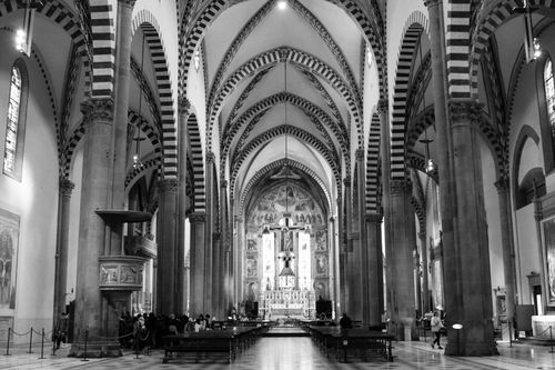 Free Black and white image of a stunning Gothic cathedral interior in Florence, Tuscany, Italy. Stock Photo