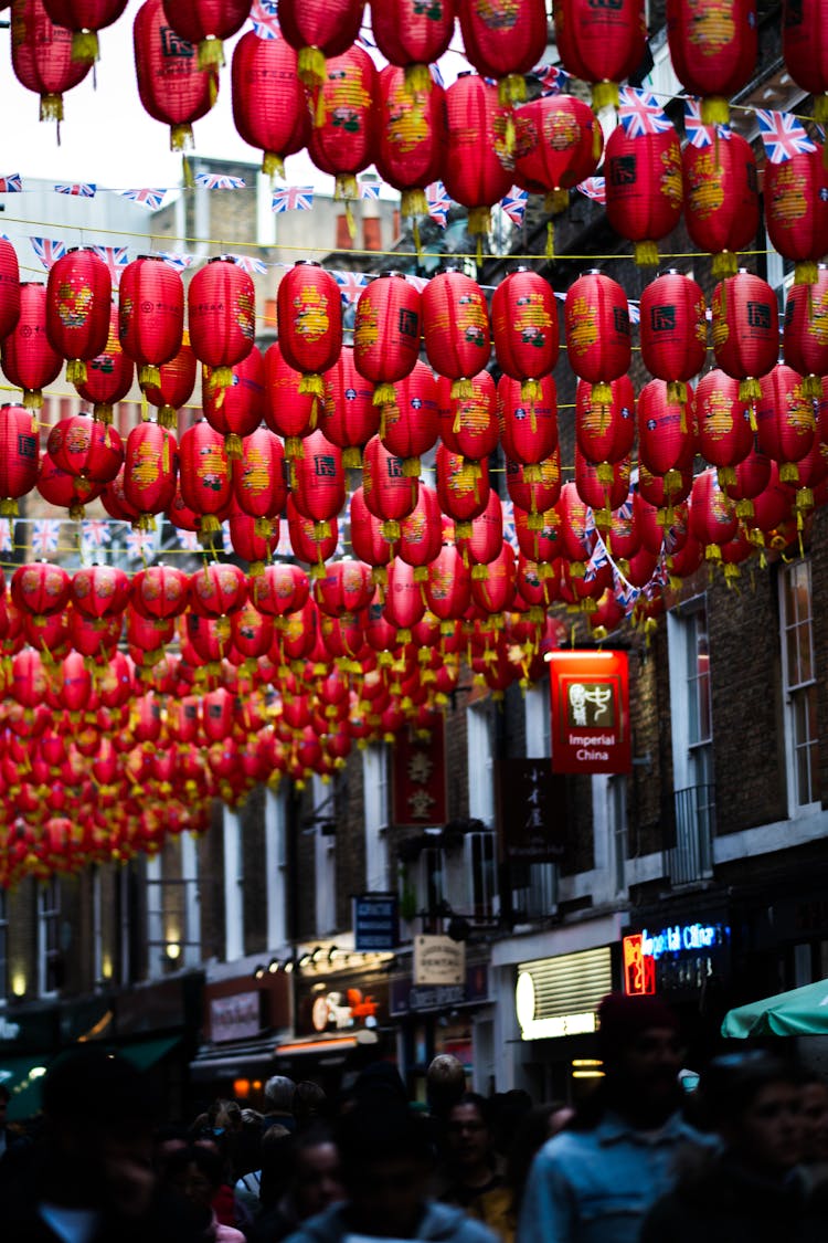 Chinese Red Lanterns Over Street