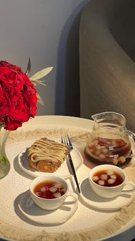 Cozy indoor setup with tea, red roses, and a sweet pastry on a white table.