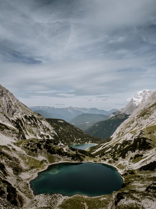 Aerial View of Mountains and Lakes in the Valley 