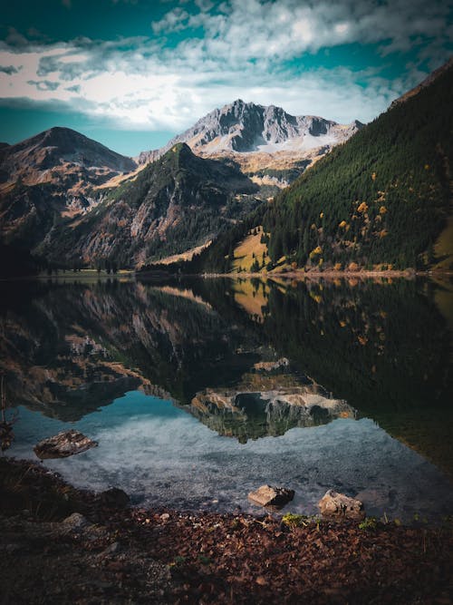 Scenic Panorama of Mountains Reflecting in a Lake