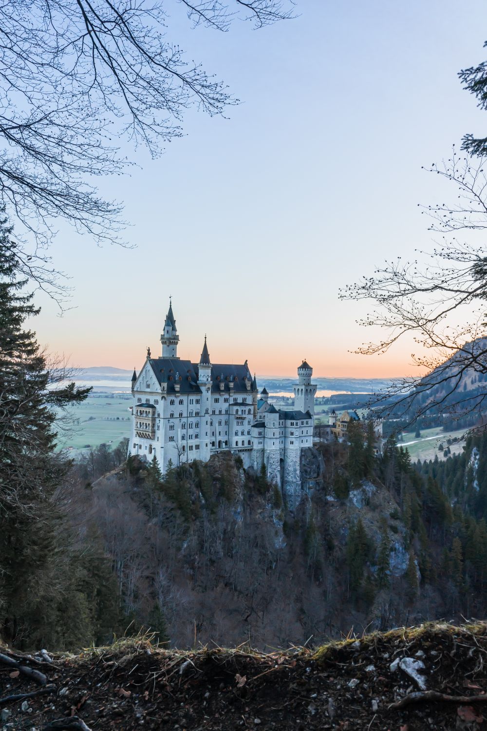 Castelul Neuschwanstein sub zăpadă, într-un peisaj de iarnă