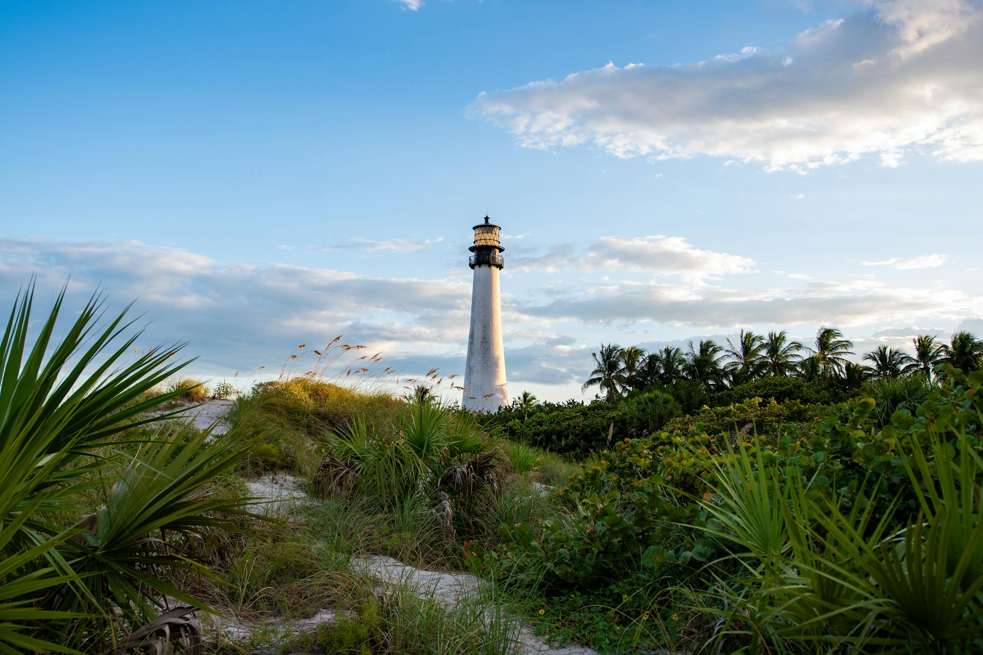 Scenic view of Cape Florida Lighthouse surrounded by lush greenery under a blue sky.