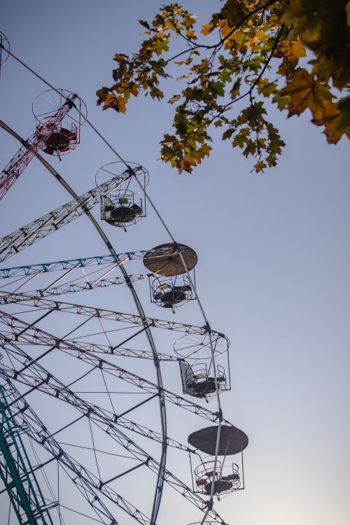 Free Low angle view of a ferris wheel with autumn leaves, set against a clear blue sky. Stock Photo