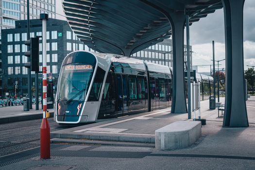 A sleek tram in Luxembourg City station showcasing urban public transportation.