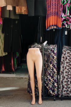 Colorful outdoor boutique display with mannequin legs among hanging patterned clothing.