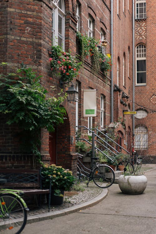 bina, bisikletler, bitkiler içeren Ücretsiz stok fotoğraf