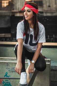 一位时尚女性穿着休闲服，在户外带着自信的微笑摆姿势