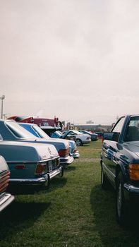 A captivating display of classic cars on a grassy field under a calm sky. Perfect for vintage car enthusiasts.