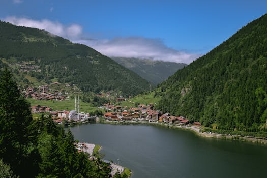 Beautiful view of Uzungöl lake, village, and lush green mountains under a clear blue sky in summer.