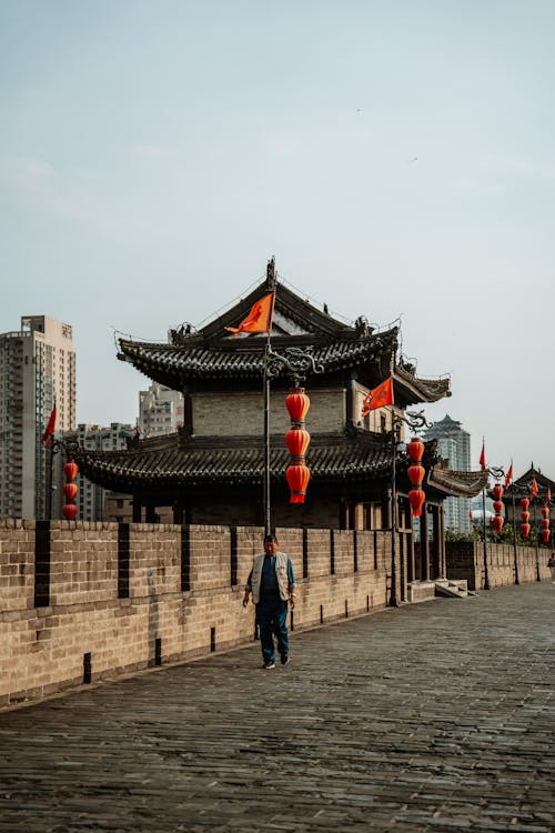 Man Walking near Buddhist Temple in Town in China