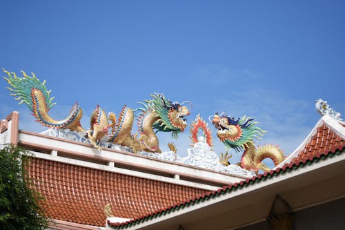 Chinese Dragon Statue on the Roof of the Temple in Wat Sakae Krang