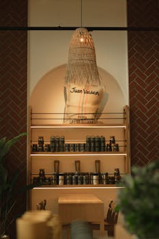 Stylish café interior with modern shelves, jars, and coffee sacks featuring 'Juan Valdez'.