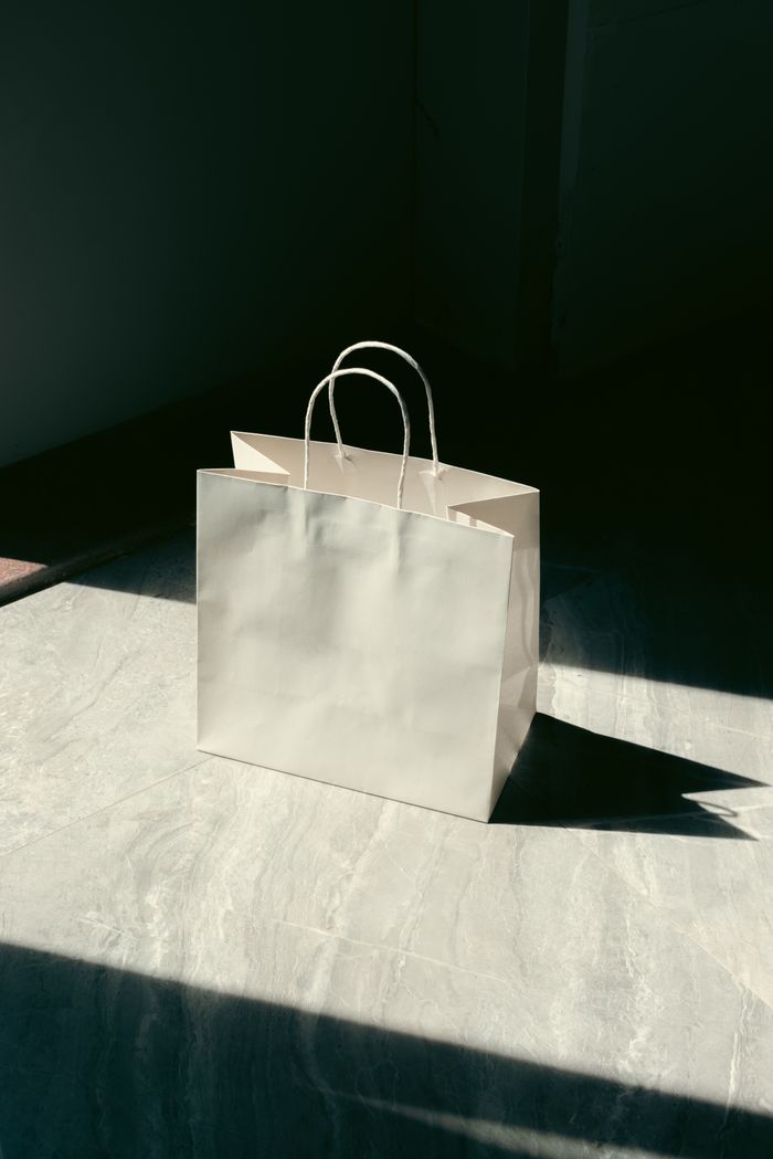 A white shopping bag in a patch of sunlight