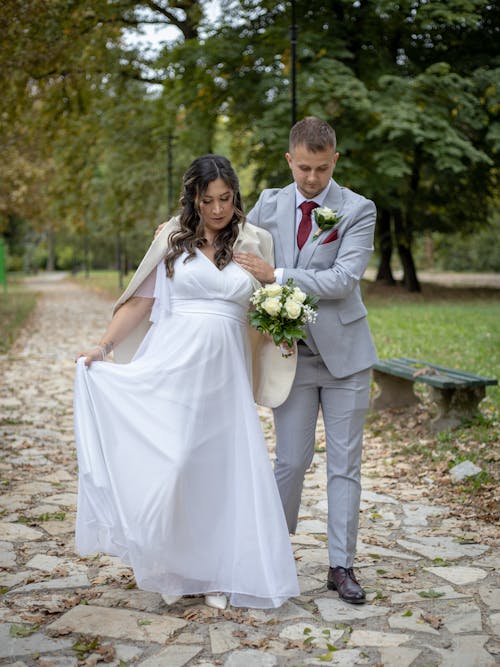 Newlyweds Walking in Park