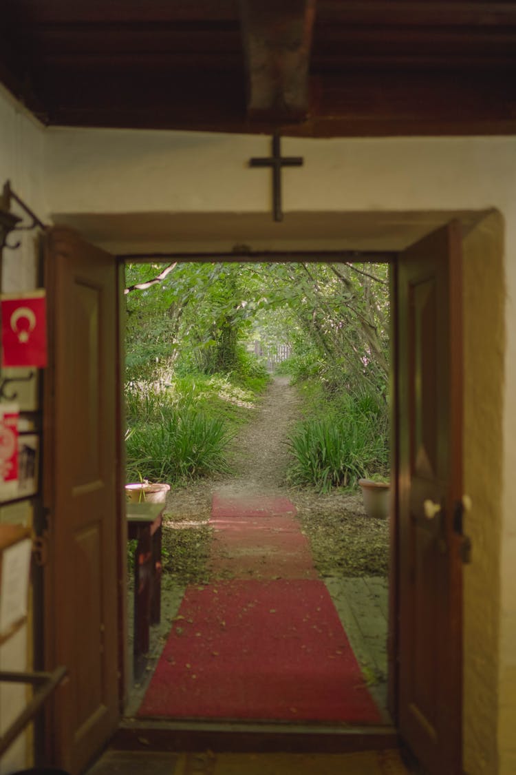 Flag Of Turkey Near Open Doors With Cross