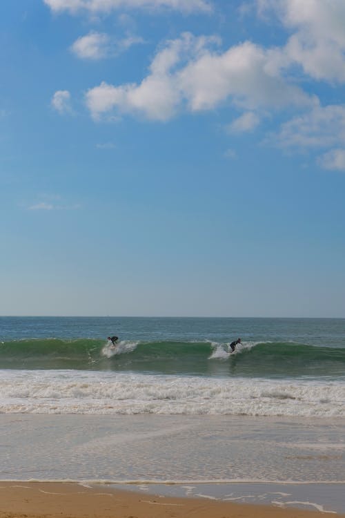 People Surfing on Sea Shore