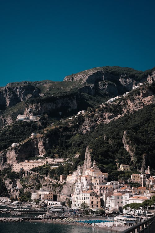 Rocky Hills over Town on Sea Coast of Amalfi 