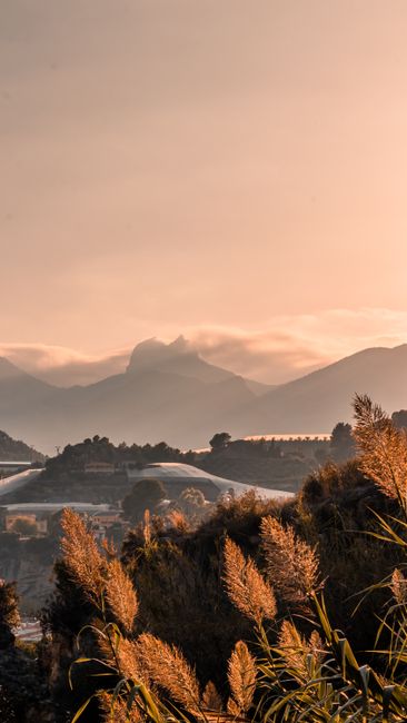 Fotomural Paisaje montañoso tranquilo al atardecer con tonos cálidos y un paisaje natural.