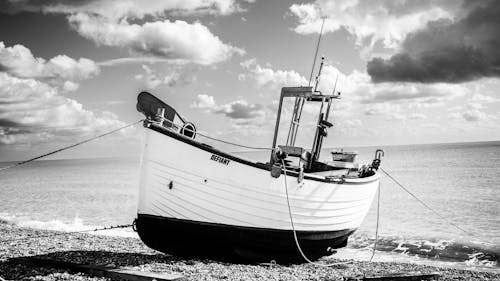 Fishing Boat on Beach in Black and White