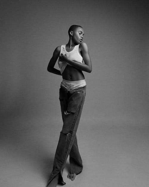 African Woman Posing in Studio in Black and White