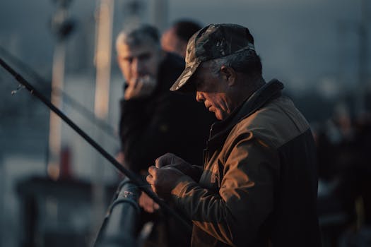 Cinematic shot of fishermen on a bridge in Istanbul during twilight, capturing an intense mood.