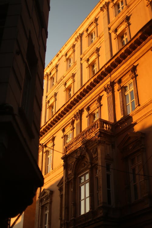 Facade of a Neoclassical Building at Sunset