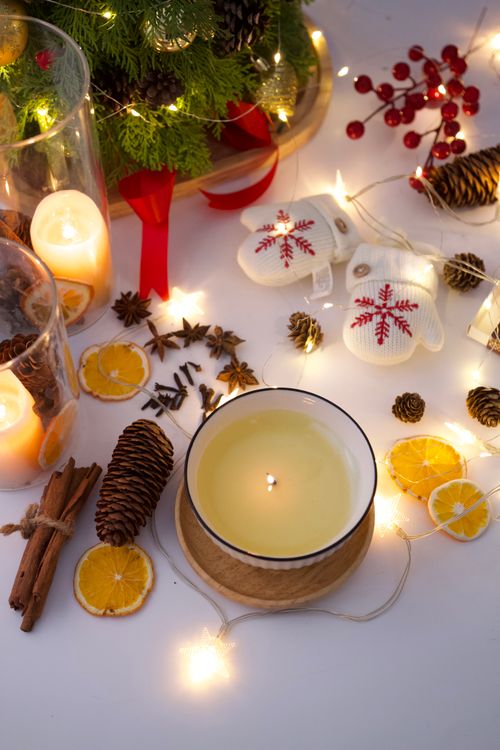 Free Warm and cozy holiday scene with candles and festive decorations in Yangon, Myanmar. Stock Photo