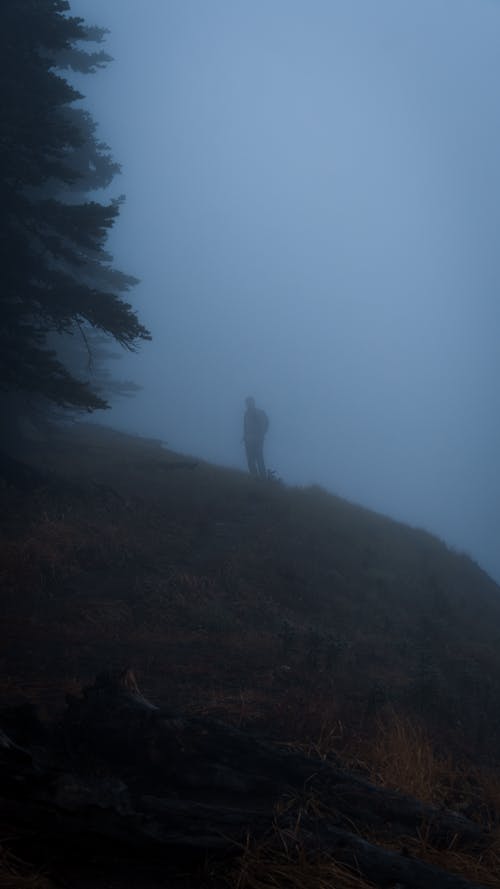 Silhouette of Man in Mountains in Fog