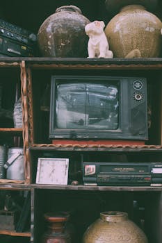 Old-fashioned TV amidst retro objects and vases in a rustic setting, evoking nostalgia.
