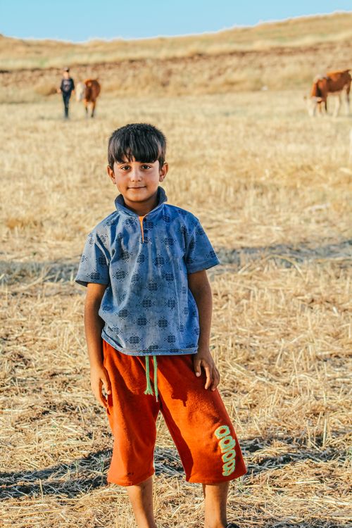 Free A young boy standing confidently in a rural grassland field, framed by a sunny backdrop. Stock Photo