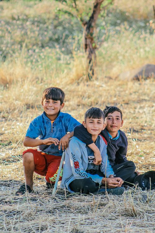 Free Three smiling boys enjoying each other's company outdoors in a sunny, rural setting. Stock Photo