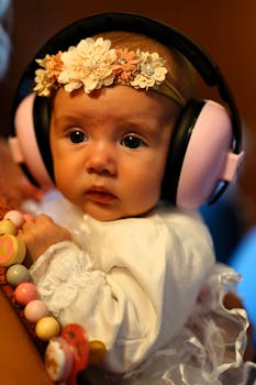 A cute baby with headphones and floral headband. Perfect for lifestyle and family themes.