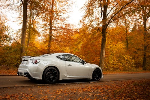 White Toyota 86 Parked on a Road among Autumn Trees