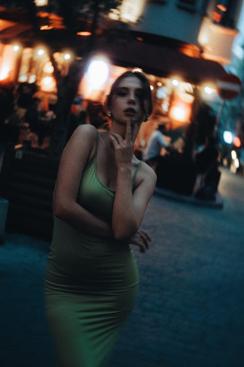 Model Posing in Pencil Dress in the Evening