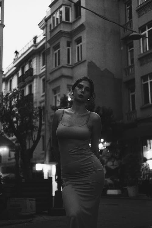 Model in Pencil Dress in City