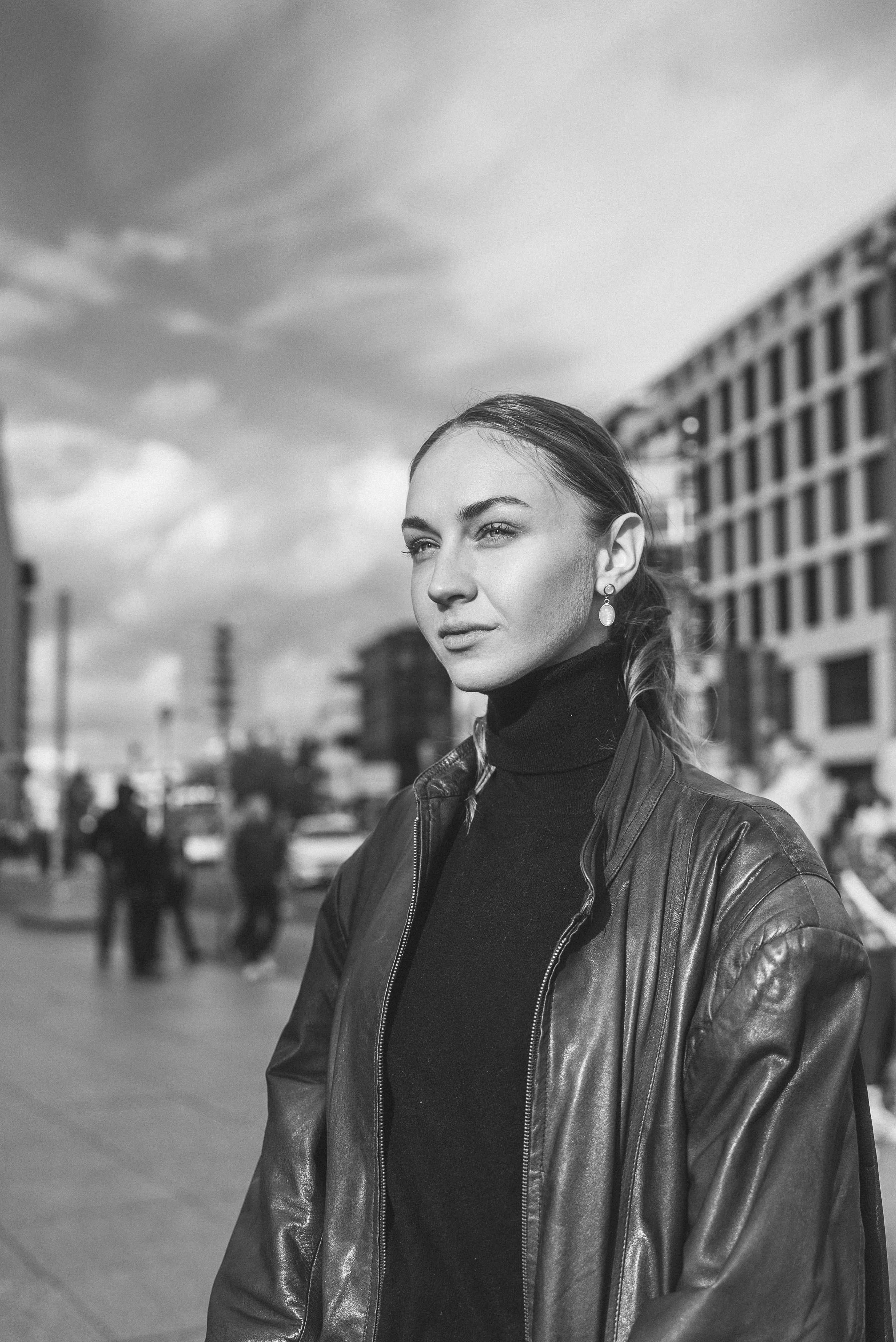 Portrait of Woman in Leather Jacket in Black and White · Free Stock Photo