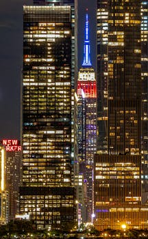 Stunning view of the Empire State Building lit up at night in New York City.