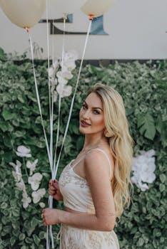 一位身着白色连衣裙的美丽女子手持气球，在郁郁葱葱的绿色背景映衬下，显得优雅而时尚