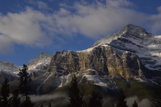 Experience the breathtaking snow-covered mountains of Jasper, Alberta under a clear sky.