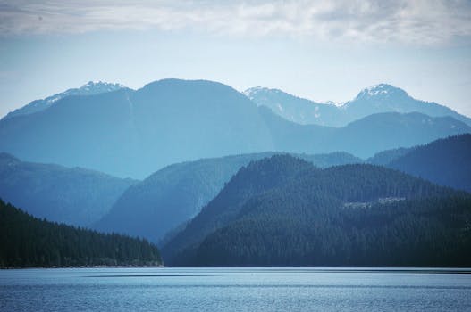 Tranquil view of mountains and forested lake in Campbell River, showcasing nature's beauty.