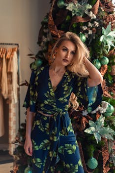一位时尚女性身着别致的花卉连衣裙，在室内装饰的圣诞树旁摆出姿势