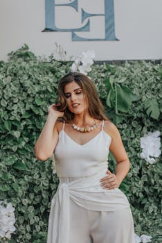 一位身着白衣的精致女子，在葱郁的绿意背景前优雅摆姿，尽显时尚气息