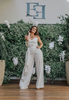 Fashionable woman posing in stylish white outfit against lush greenery backdrop.