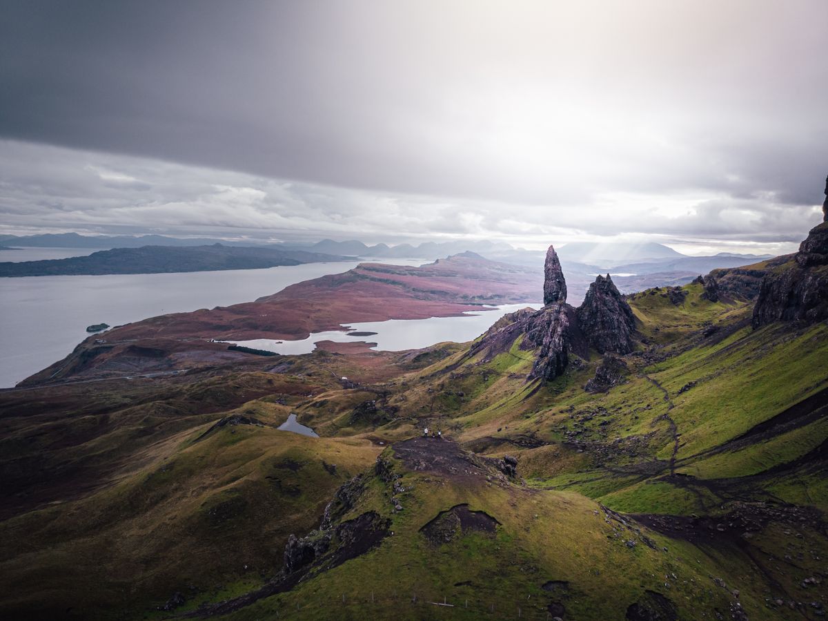 Aerial view of the Old Man of Storr pinnacle on the Isle of Skye